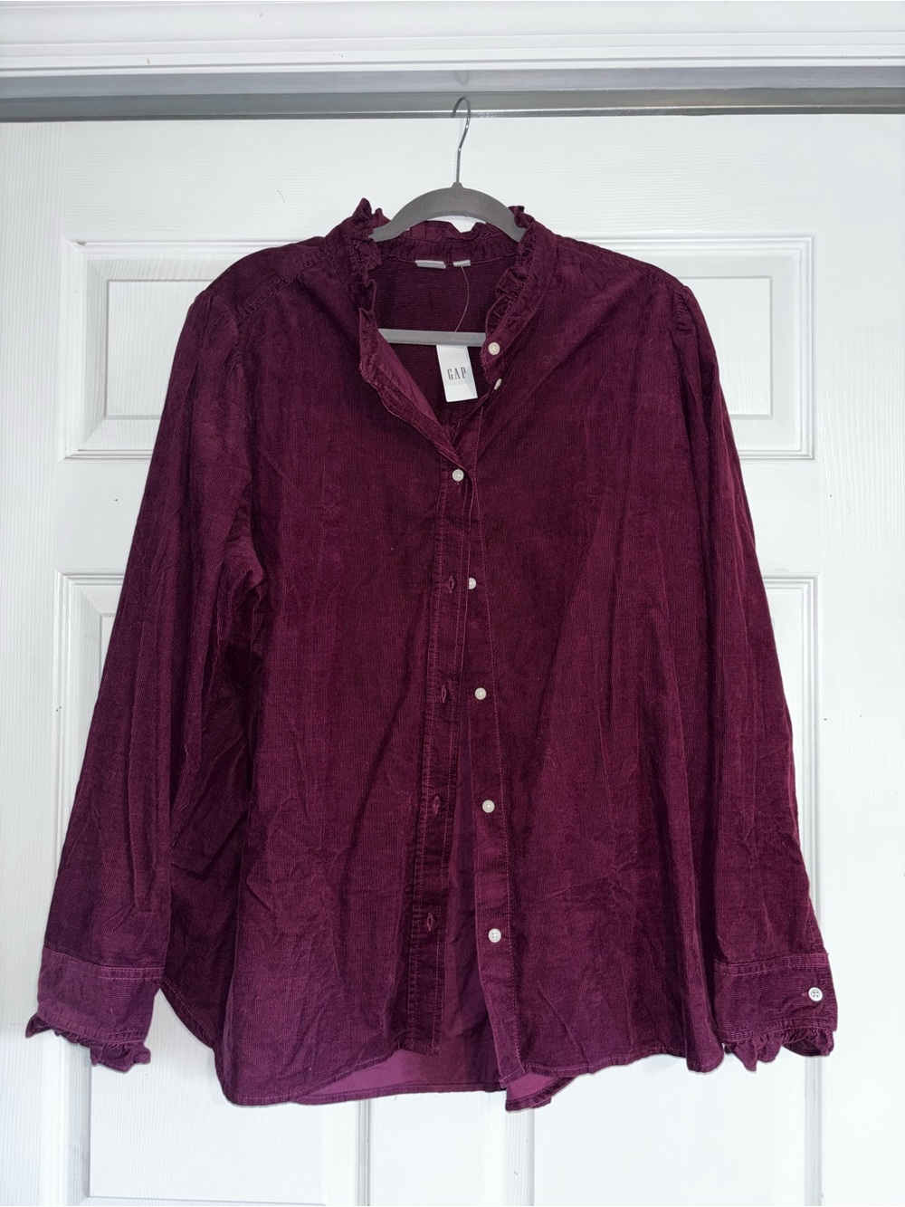 GAP Women's Deep Burgundy Button-Front Ruffle Collar Shirt